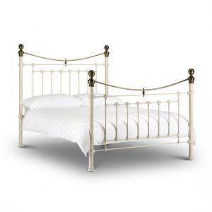 Vangie Metal King Size Bed In Stone White With Brass Effect