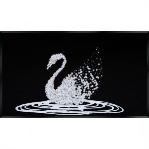 Peyton Glass Wall Art In White Glitter Swan On Black Mirror