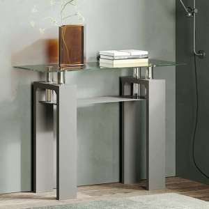 Willis Glass Console Table In Clear With Grey High Gloss Legs