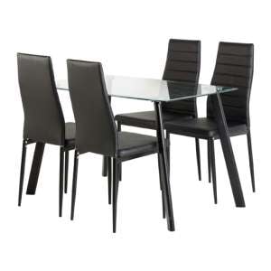 Aadi Clear Glass Dining Table With 4 Black Leather Chairs