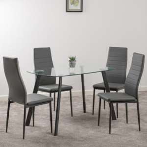 Aadi Clear Glass Dining Table With 4 Grey Leather Chairs