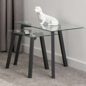 Aadi Clear Glass Nest Of Tables With Grey Metal Legs