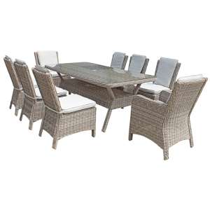 Abobo 200cm Glass Dining Table With 8 Armchairs In Fine Grey