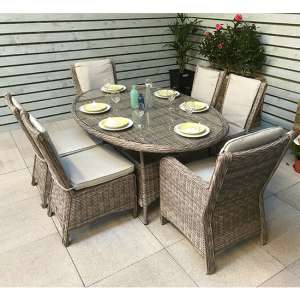 Abobo Oval Glass Dining Table With 6 Armchairs In Fine Grey