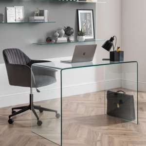 Acelynn Clear Glass Laptop Desk With Kacella Grey Office Chair