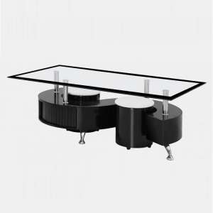 Beata Glass Coffee Table In Black High Gloss With 2 Stools