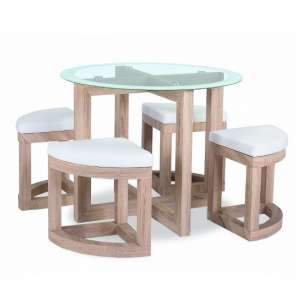 Qamra Glass Dining Table Set Round In Beech Effect