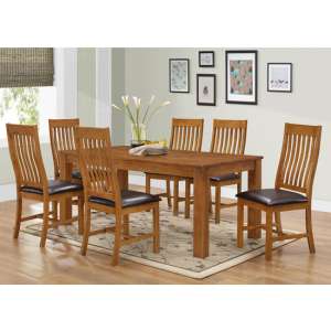 Aderes Wooden Dining Table With 6 Dark Brown Leather Chairs