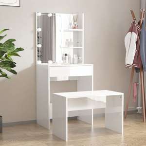 Adhra High Gloss Dressing Table Set In White With LED Lights