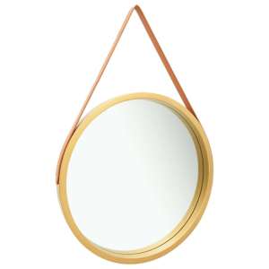 Ailie Large Retro Wall Mirror With Faux Leather Strap In Gold