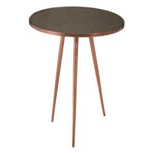Akela Glass Top Wooden Side Table With Copper Metal Legs
