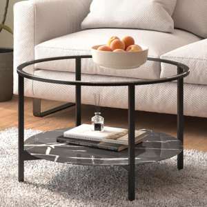 Akio Round Glass Coffee Table With Black Marble Effect Shelf