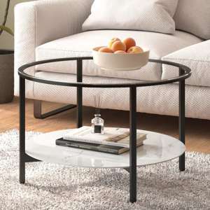 Akio Round Glass Coffee Table With White Marble Effect Shelf