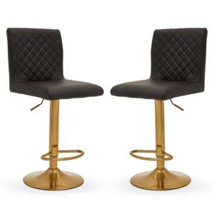 Baino Black Leather Bar Chairs With Round Gold Base In A Pair