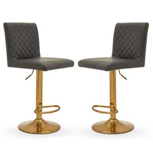Akro Dark Grey Faux Leather Bar Stools With Gold Base In Pair