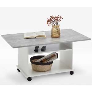Akron Rolling Wooden Coffee Table In Concrete Effect And White