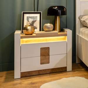 Alameda Gloss Bedside Cabinet In White With 2 Drawers And LED