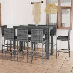 Alary Outdoor Rattan Bar Table With 8 Anthracite Cushion Stools