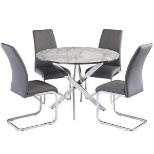 Atden Marble Dining Table In Grey With 4 Tiklo Grey Chairs
