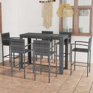 Aleka Outdoor Poly Rattan Bar Table With 6 Stools In Grey