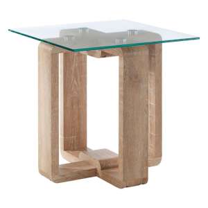 Alfratos Clear Glass Top Side Table With Natural Wooden Base
