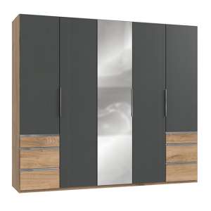 Alkes Mirrored 5 Doors Wardrobe In Graphite And Planked Oak
