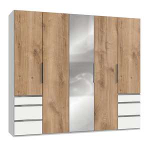 Alkes Mirrored 5 Doors Wardrobe In Planked Oak And White