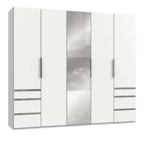 Alkes Mirrored Wardrobe In White With 5 Doors 6 Drawers