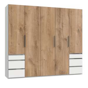 Alkes Wardrobe In Planked Oak And White With 5 Doors 6 Drawers