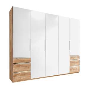 Alkes Wooden 5 Doors Wardrobe In White And Planked Oak