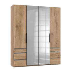 Alkesia Mirrored 4 Doors Wardrobe In Planked Oak With 6 Drawers