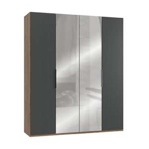 Alkesia Mirrored 4 Doors Wardrobe In Graphite And Planked Oak
