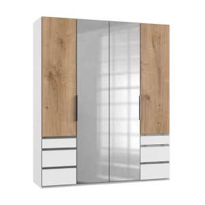 Alkesia Mirrored 4 Doors Wardrobe In Planked Oak And White