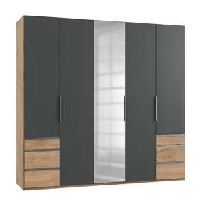 Alkesia Mirrored 5 Door Wardrobe In Graphite And Planked Oak