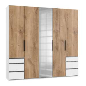 Alkesia Mirrored 5 Doors Wardrobe In Planked Oak And White