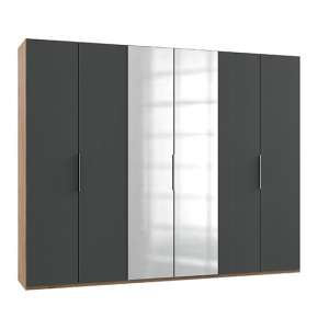 Alkesia Mirrored 6 Doors Wardrobe In Graphite And Planked Oak