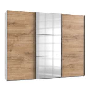 Alkesia Mirrored Sliding 3 Doors Wardrobe In Planked Oak White