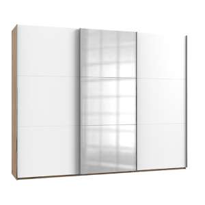 Alkesia Mirrored Sliding 3 Doors Wardrobe In White Planked Oak