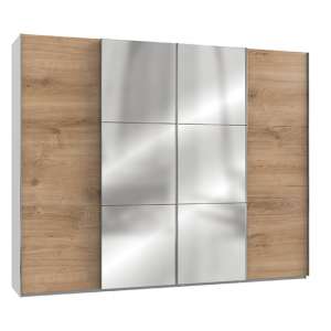 Alkesia Mirrored Sliding 4 Doors Wardrobe In Planked Oak White