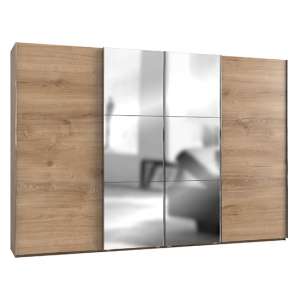 Alkesia Mirrored Sliding 4 Doors Wide Wardrobe In Planked Oak
