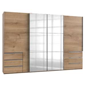 Alkesia Sliding 4 Doors Mirrored Wide Wardrobe In Planked Oak