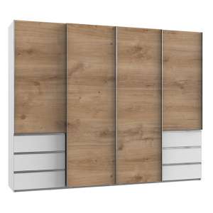 Alkesia Sliding 4 Doors Wooden Wardrobe In Planked Oak And White
