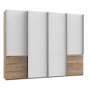 Alkesia Sliding 4 Doors Wooden Wardrobe In White And Planked Oak
