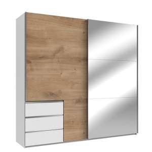 Alkesia Wide Mirrored Door Wardrobe In Planked Oak And White