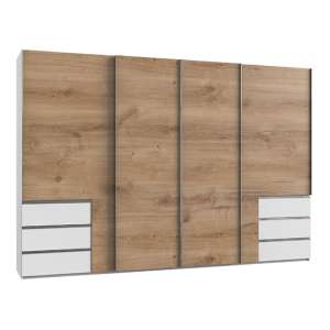 Alkesia Wide Sliding 4 Doors Wardrobe In Planked Oak And White