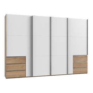 Alkesia Wide Sliding 4 Doors Wardrobe In White And Planked Oak