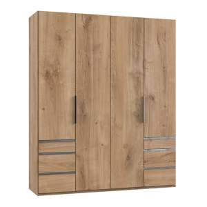 Alkesia Wooden 4 Doors Wardrobe In Planked Oak With 6 Drawers