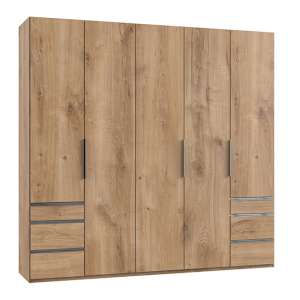 Alkesia Wooden 5 Doors Wardrobe In Planked Oak With 6 Drawers