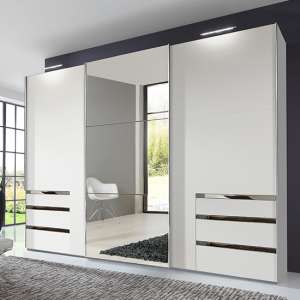 Alkesu Mirrored Sliding 3 Doors Wardrobe In White With 6 Drawers