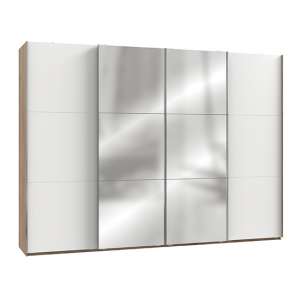 Alkesu Mirrored Sliding 4 Doors Wardrobe In White Planked Oak